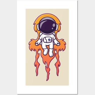 Cute Astronaut Flying With Fire Cartoon Posters and Art